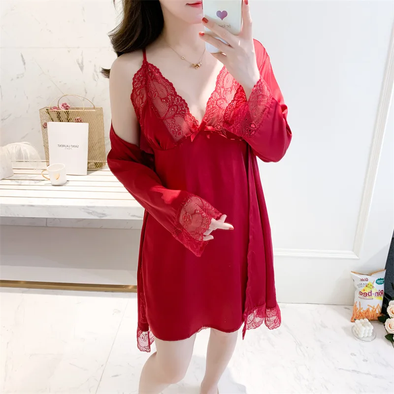 

Satin Kimono Robe Gown Women 2PCS Bathrobe Suit With Strap Nightgown Lace Trim Sleepwear Sexy Lingerie V-Neck Home Clothes