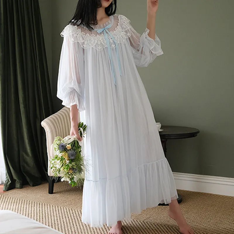 Princess Vintage Wedding Gown Sweet Lace Round Neck Long Nightgown Women Loose Full Sleeves Mid-Calf Pure Cotton Lining Nightie