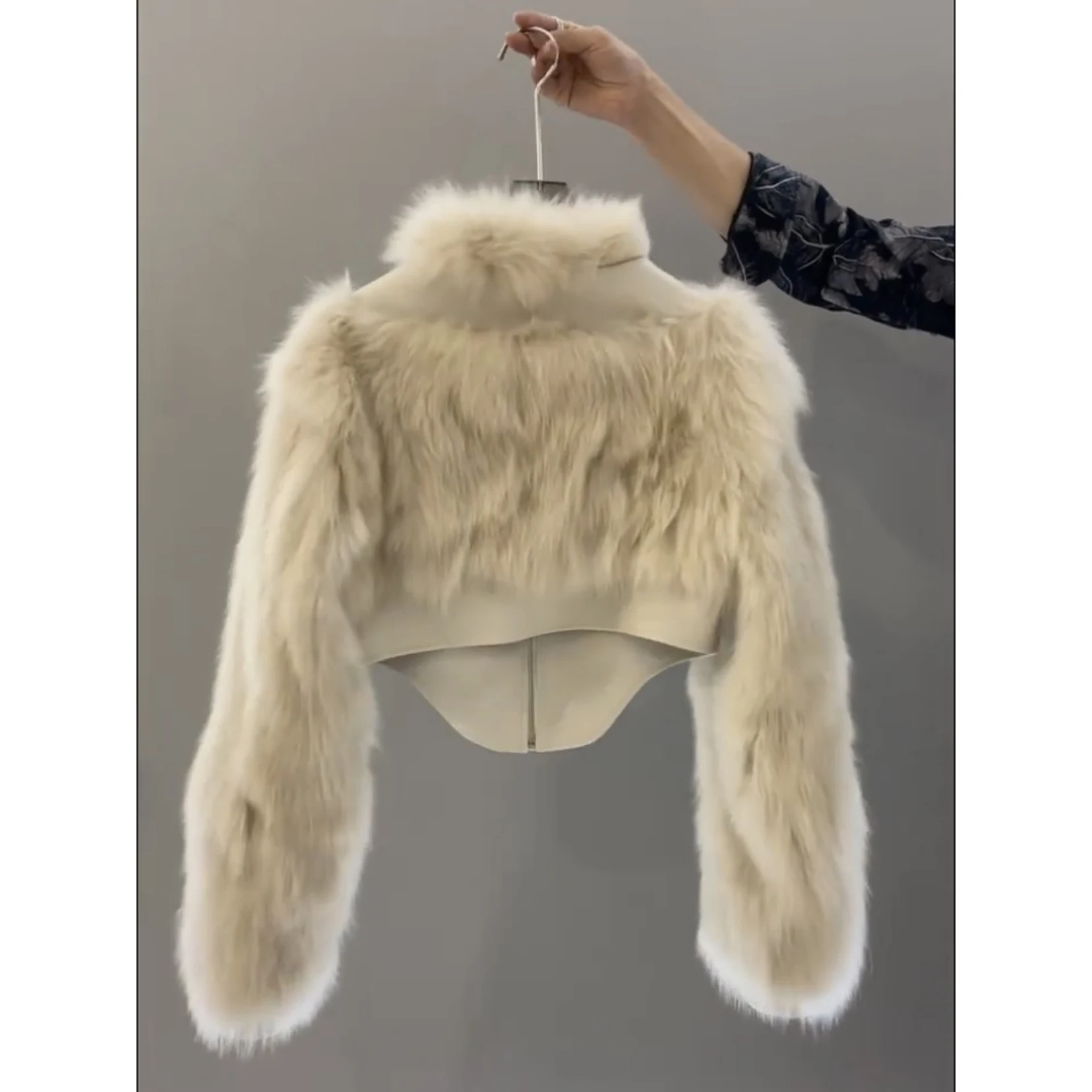 Fur Integrated Short Stitching Fur Coat for Women 2022 Autumn and Winter New Long Sleeve High Collar Zipper Apricot Fur Jackets