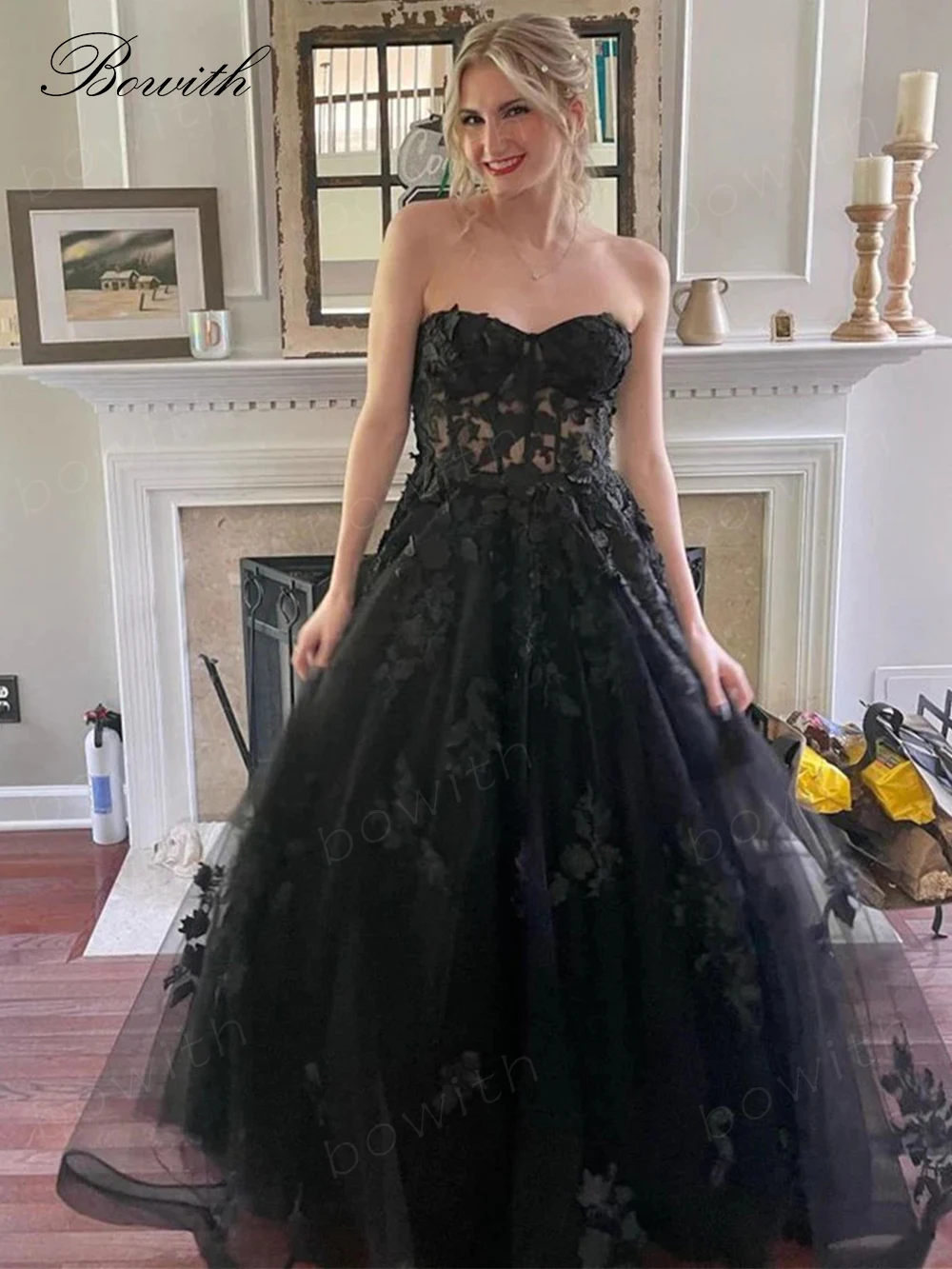 

Bowith Strapless Evening Dress with Applique A Line Black Prom Gown Formal Evening Dresses for Women Luxury Dress for Gala Party