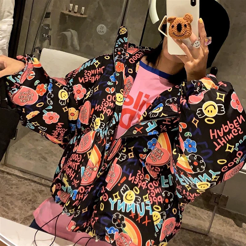 New Women's Puffy Jacket Graffiti Loose Bubble Jacket Thick Warm Hooded White Duck Down Bread Jacket Women Winter Jacket Women