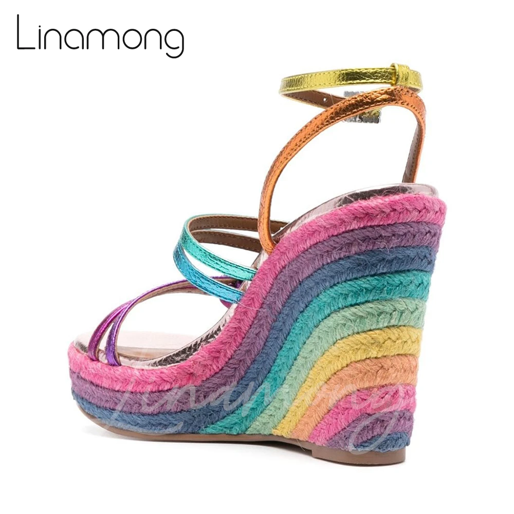 Rainbow Print Espadrille Wedges Genuine Leather Buckle Sandals Mixed Color Rhinestone Bling Bling High Heels Women Summer Shoes