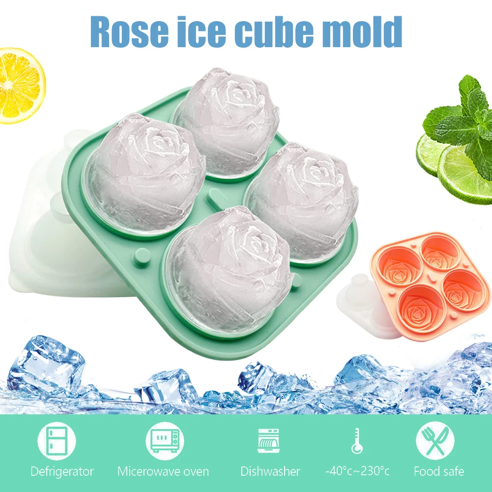 

Silicone Molds For Ice Cube With Lid 4 Holes Rose Flower Shape Reusable Ice Cube Tray Kitchen Accessories Ice Cream Maker Tool