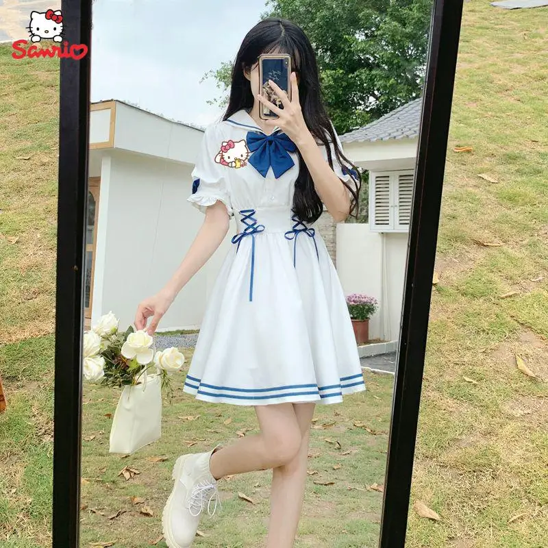 

Милое платье с воротником Hello Kitty, морское платье с аниме мультяшным рисунком Sanrio Hellokitty Jk, матросское платье, студенческое летнее платье большого размера с юбкой, платье для девочек