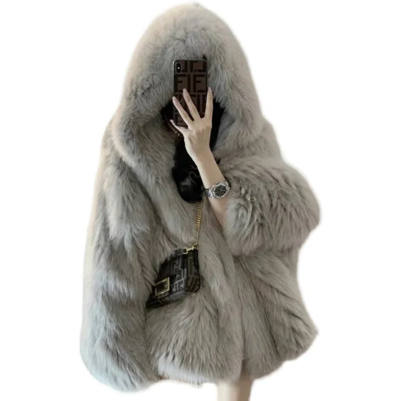 

2023 Fashion Women Winter New Hooded Imitate Fox Coat Female Loose Thickened Imitation Mink Warm Fur Overcoat OK1264