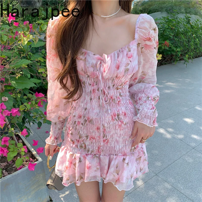 

Шифоновое платье Harajpee с квадратным вырезом, принтом и оборками, с пышными рукавами, милое приталенное мини-платье, новинка весны, корейский ...