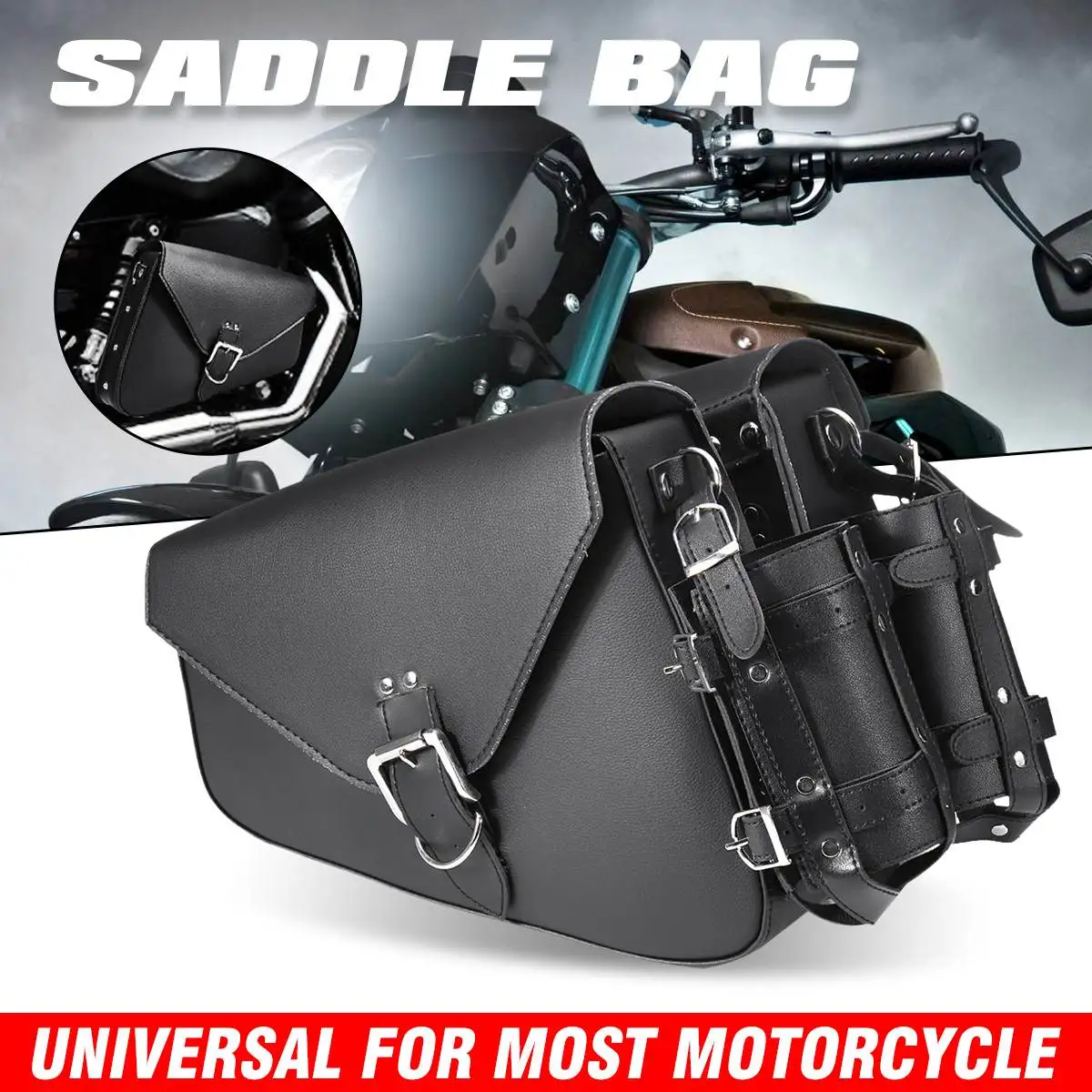 

Universal Motorcycle Leather Saddle Bag Tool Luggage Saddlebag with Bottle Holder Side Pannier For Honda For Yamaha For Suzuki