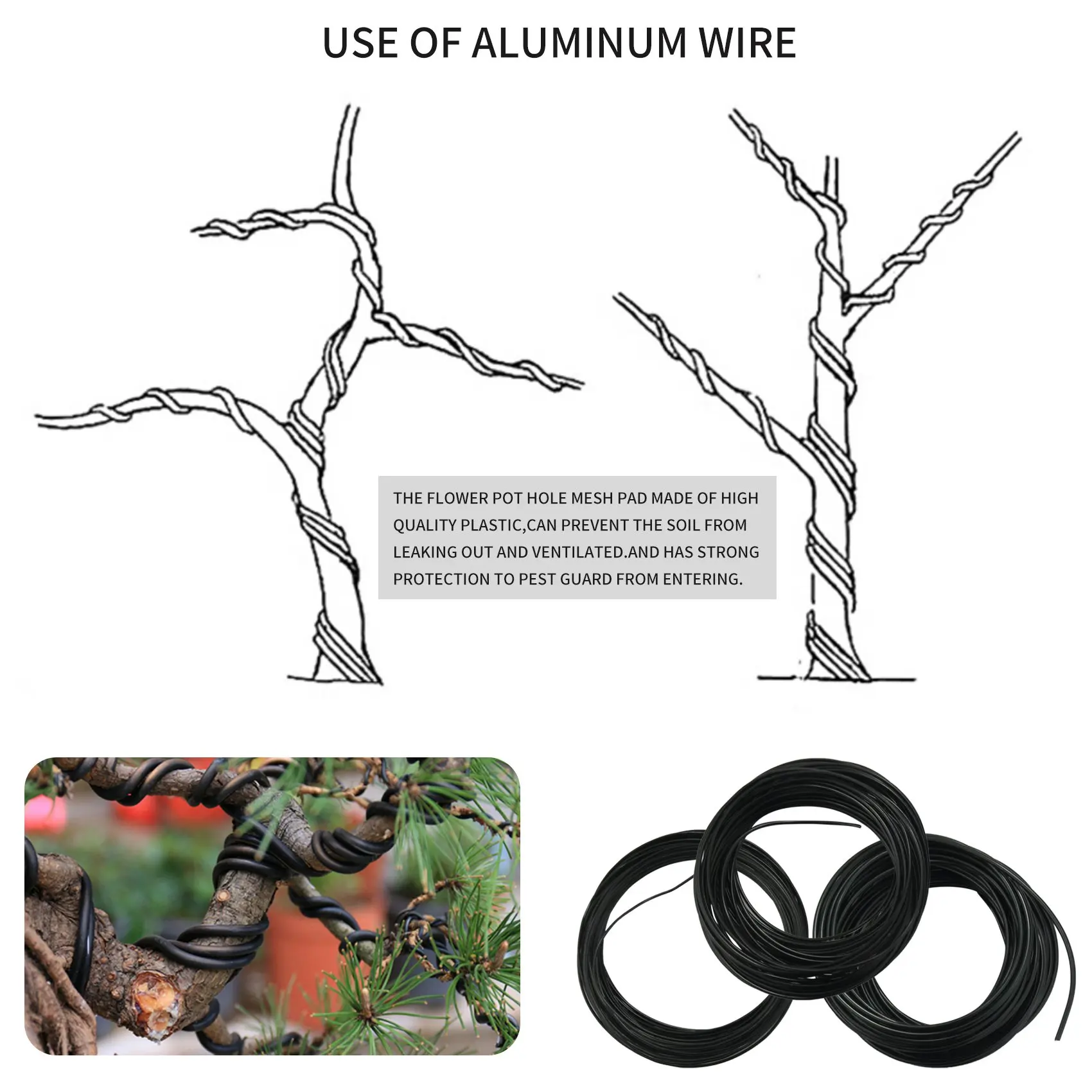 Проволока для бонсай набор с отверстием цветочного горшка сетчатая подкладка
