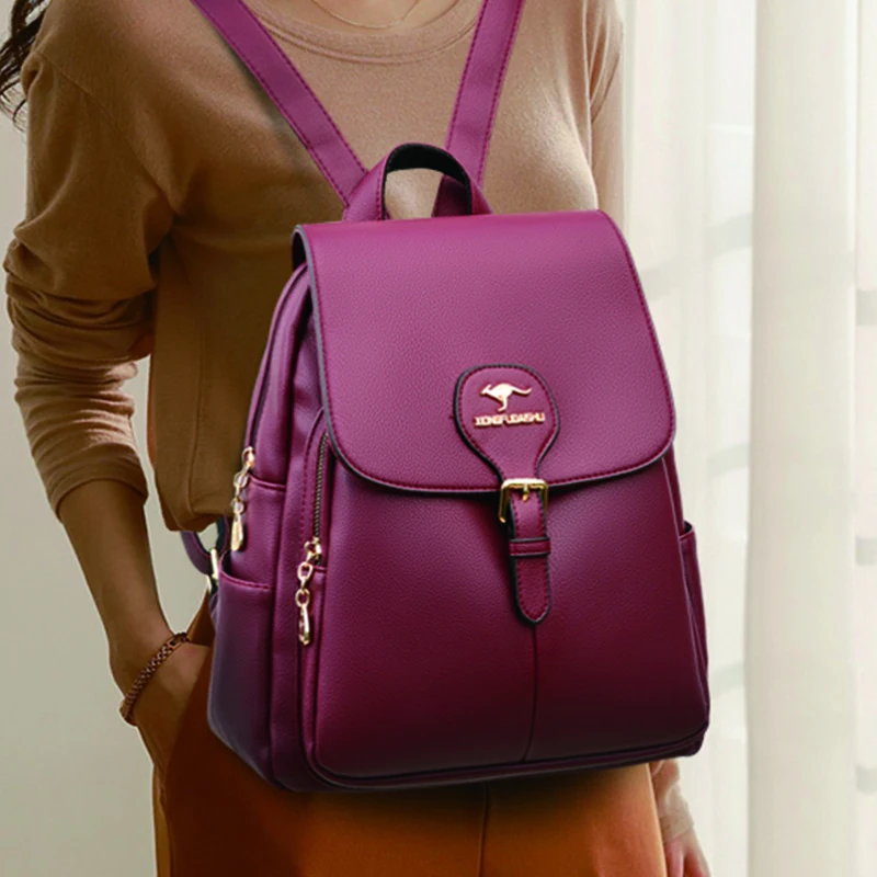 

Простой женский кожаный рюкзак, Однотонный женский рюкзак из искусственной кожи, высококачественный водонепроницаемый рюкзак, вместитель...