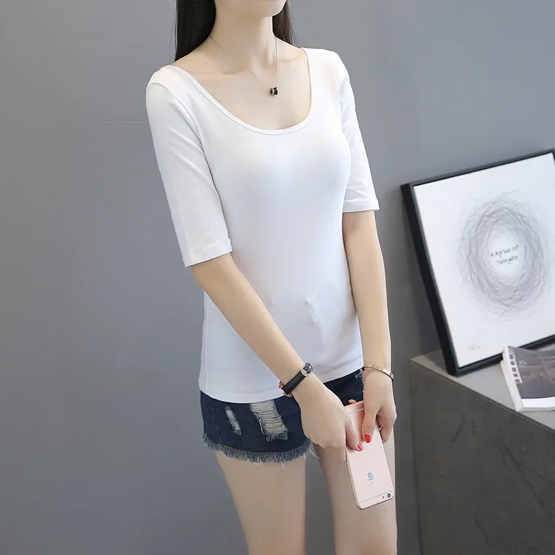 Лето 2024 женская футболка с низким вырезом двойной вырез средний рукав базовый