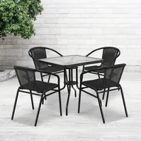 Outdoor Dining Set Patio Set 28'' Round Glass Metal Table with Rattan Edging and 2/4 PCS Rattan Stack Chairs