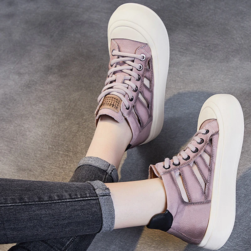 Thick Soled Women Sneakers Genuine Leather Breathable Shoes Summer Fashion Hollow Handmade Comfortable Roman Platform Sandals