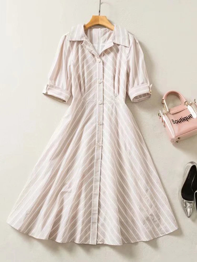 

2022 Summer Vintage Dress Women Design New Striped Printed Short Sleeve Single Breasted Elegant Office Lady Midi