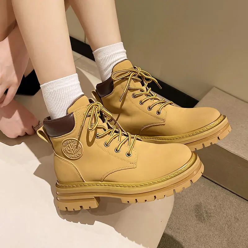 

Yellow Boots Women Shoes Thick-soled Couple Round-headed Martin Boots Fashion Women High-top Tooling Boots Short Boots 2022 New