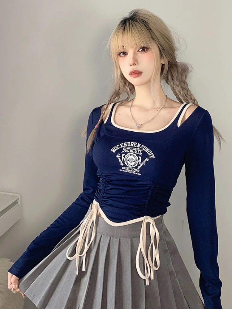 

Letter Print Draw String T Shirts Fake Two Piece Tunic Patchwork Crop Tops Off Shoulder Spring Autumn Long Sleeve Y2k Clothes