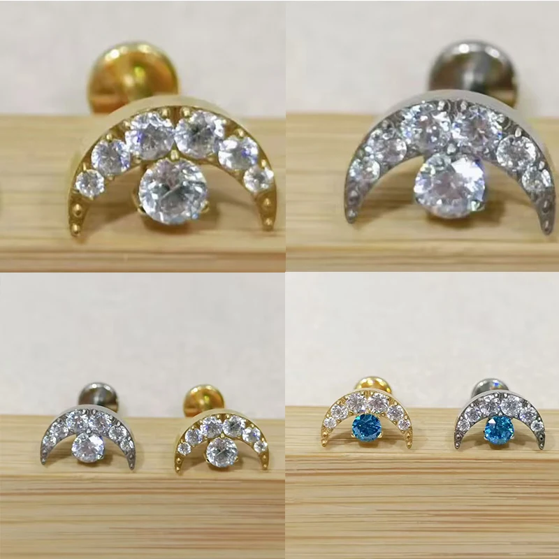 

1PC 16G Piercing Labret Lip Stud G23 Titanium Moon Shaped Zircon Internally Threaded Helix Earring Cartilage Tragus Body Jewelry