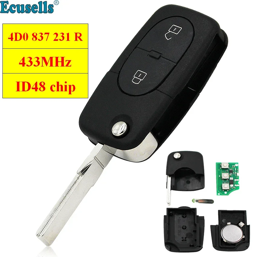 

Flip Remote key Keyless Entry Fob 2 Button 433MHZ 4D0 837 231 R 4D0837231R For Audi A3 A4 Quattro A6 Quattro RS4 with ID48 Chip