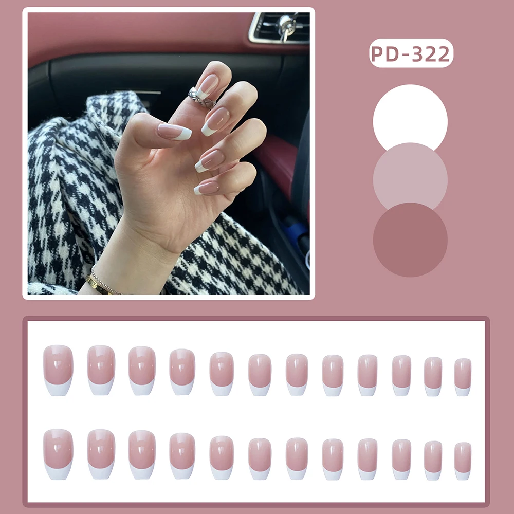 

24PCS Pink False Nail French Long Press On Nails Elegant Fingernails Stickers