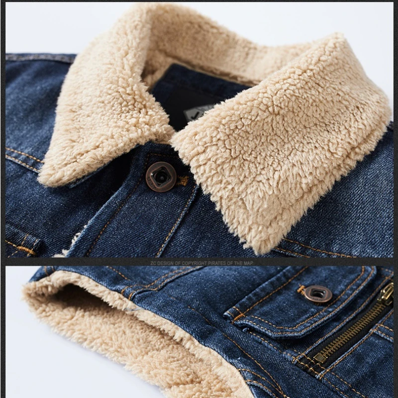 Мужской повседневный джинсовый жилет, молодежная осенне-зимняя бархатная жилетка с несколькими карманами и меховым воротником, теплое флисовое пальто из овечьей шерсти на талии, Женское пальто