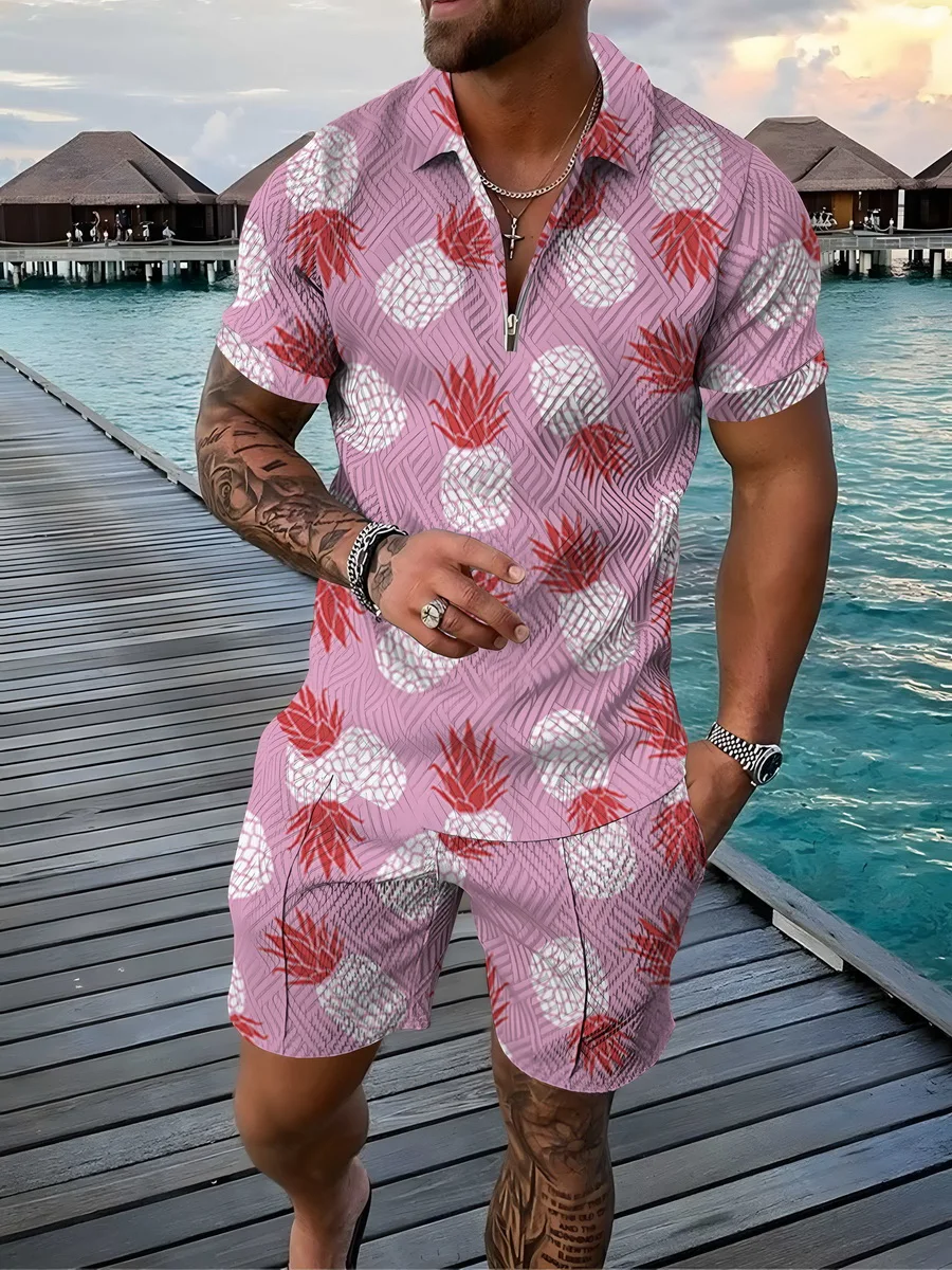 

Pink Polo Sets Men Casual Set Hawaii Printed Short Sleeve Shirt+Beach Shorts Mens Tracksuit Summer 2PC Sports Suit 2022 New