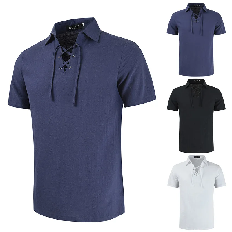 

2022 Summer New Short Sleeve Shirts Men's Solid Color Casual Personality Tie Fashion Lapel Cotton Linen Shirts