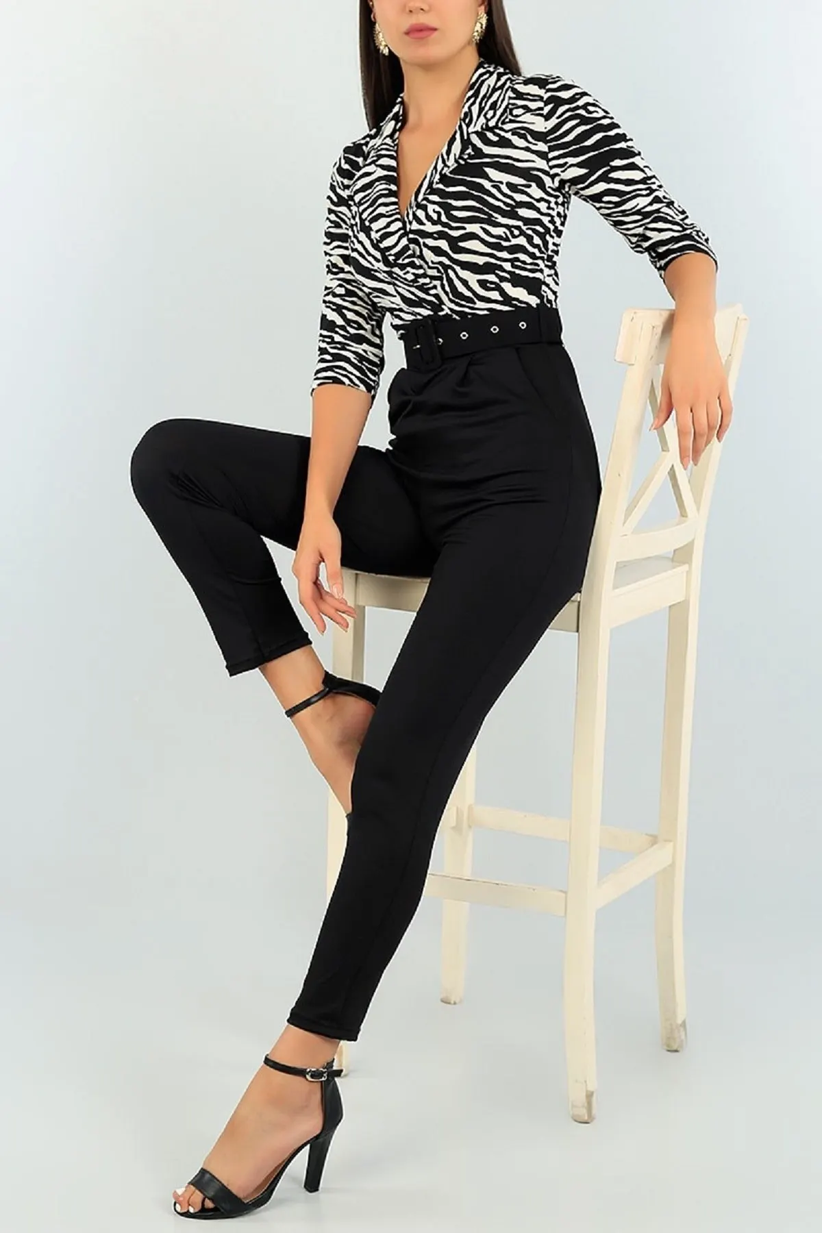 

Women's Overalls Zebra Pattern Belt Detailed Flexible One Piece Black Evening Dress Hot Casual Fashion Jumpsuit