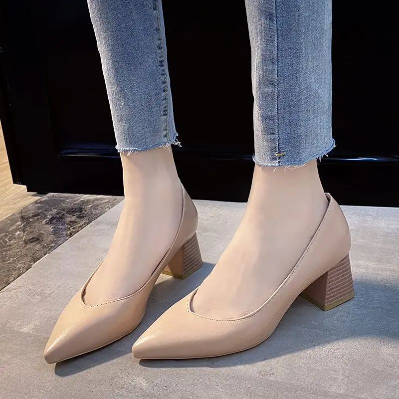 2021 New Womens Platform Heels Shallow Pointed Toe Square Heel Ladies Dress Shoes Spring/Autumn Sexy Zapatos De Mujer Pumps
