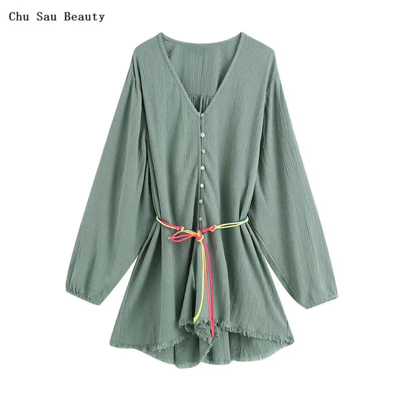 

Chu Sau Beauty 2022 ZA New Women Belted Resort Style Hakama Spring Fashion V-Neck Casual Versatile Long Sleeve Mini Dress