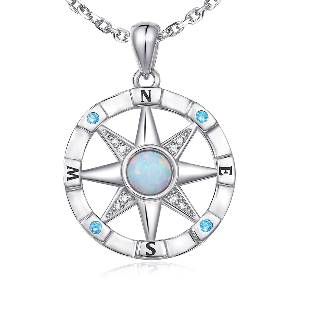 

925 Sterling Silver Opal Inspirational Nautical Dream Compass Pendant Necklace for Women Mother Day and Graduation Jewelry Gift