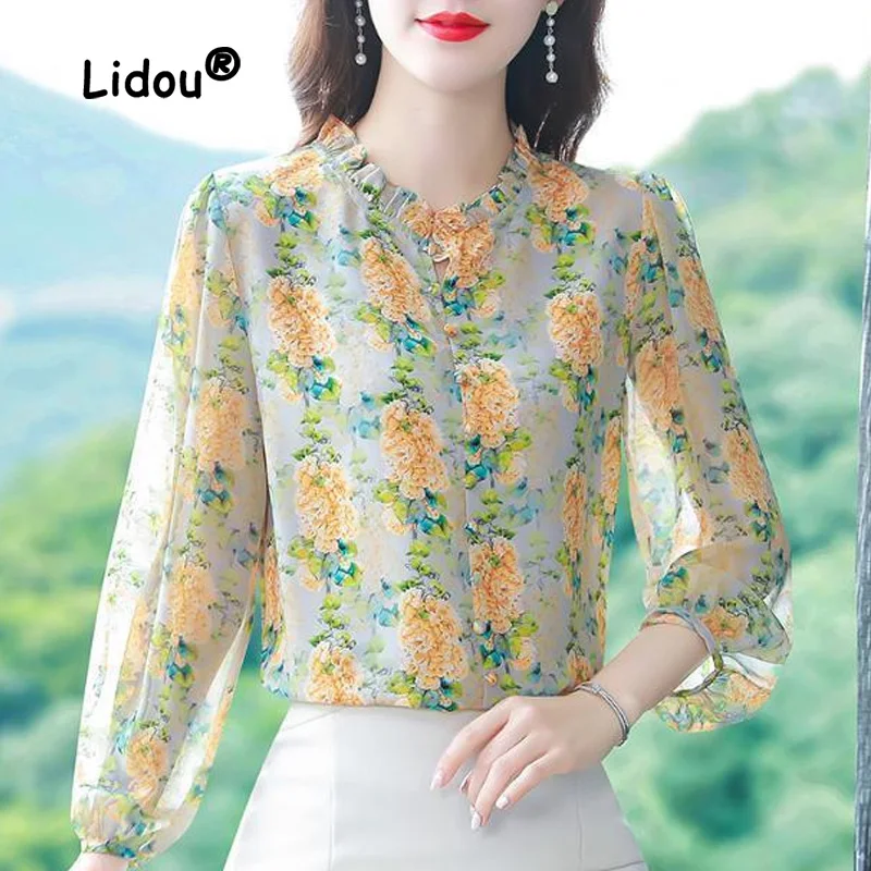 

Simple Fashion Printing Single-breasted Blouse Women New Long Sleeve Classic Pleated O-collar Temperament Chiffon Shirt 2022