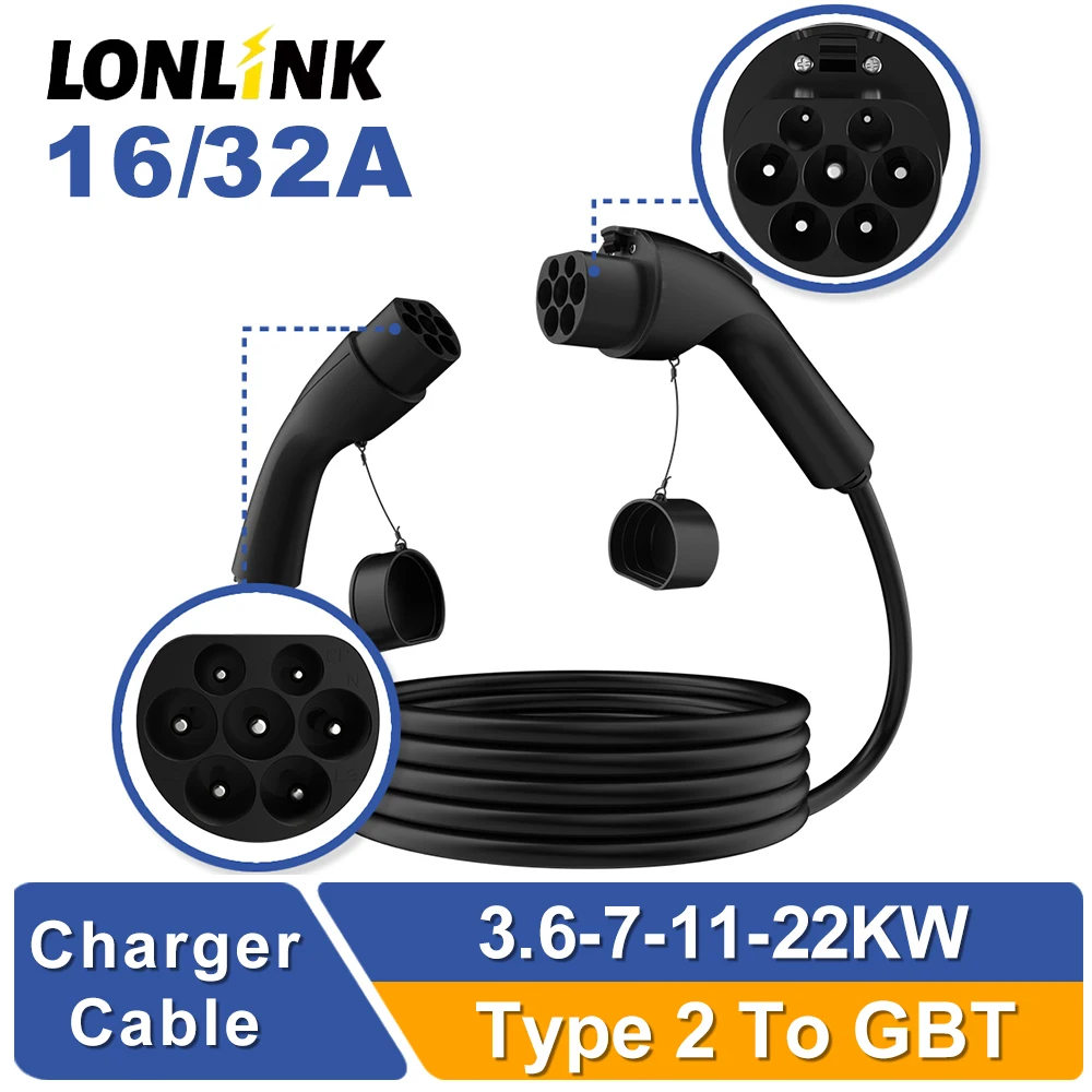 LONLINK Тип 2 к GB/T 62196 Кабель для зарядки электромобилей 16/32 А 22 кВт 3-фазный кабель