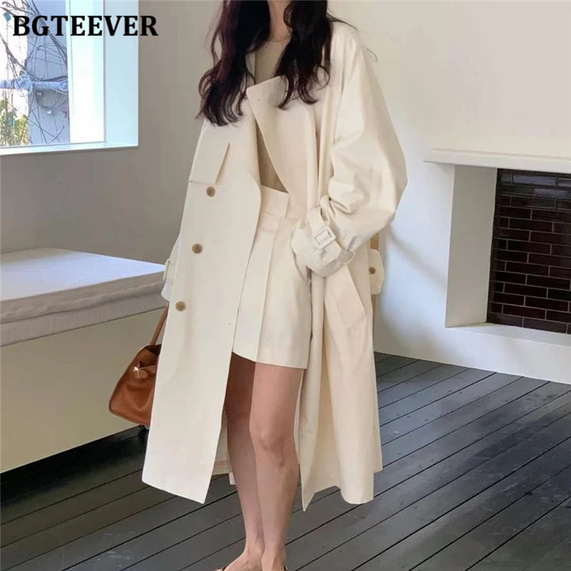 Модный женский однотонный длинный Тренч BGTEEVER с отложным воротником повседневная