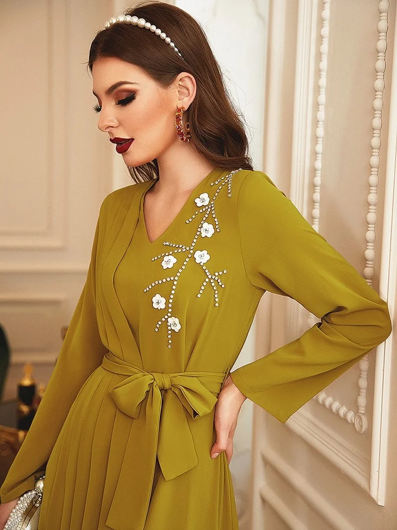 Crystal Maxi Dress Abaya Muslim Women Hand Sewn Rhinestones Long Sleeve Pleated Dress Eid Party Islamic Morocco Dubai Turkey