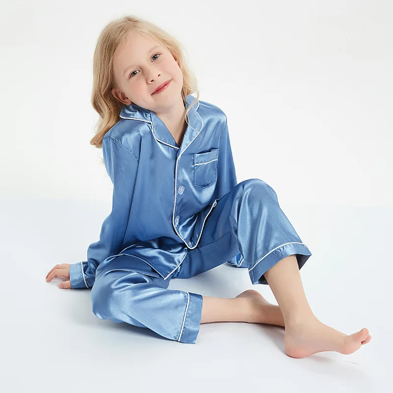

Girls Boys Satin Pajama Set Silk Pjs Long Sleeve Kids 2 Piece Sleepwear Button-Down Nightwear Loungewear(2-16T)