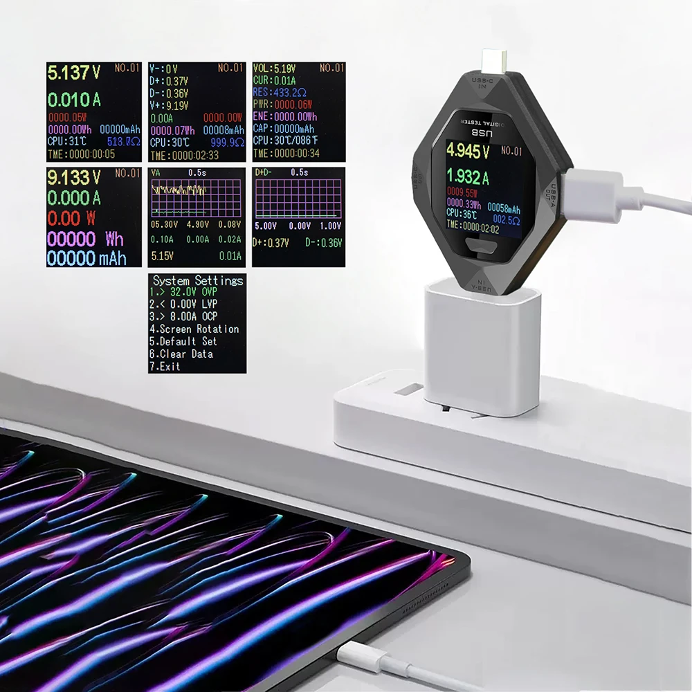 Устройство для измерения напряжения и силы тока многофункциональное Type-C + USB с