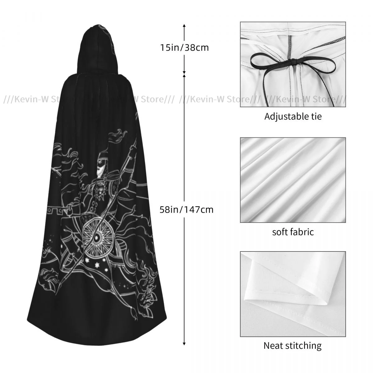 Длинная накидка-плащ плащ с капюшоном и изображением темного всадника лошади