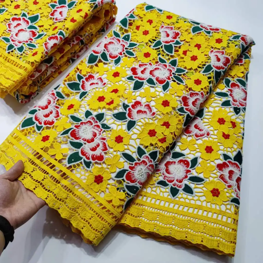 

High Quality African Lace Fabric Punch Guipure Cord Lace With MultiColor Sequins Water Soluble For Ladies Gentlemen Dress