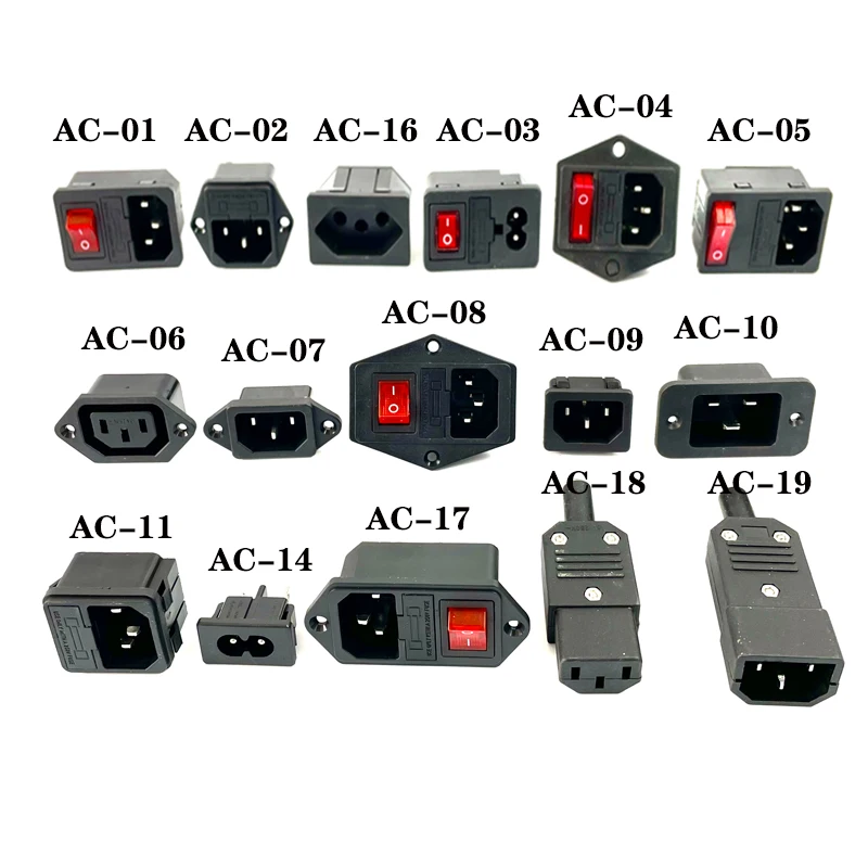 

5pc IEC320 C14 Electrical AC Socket 3 Pin Red LED 250V Rocker Switch 10A Fuse Female Male Inlet Plug Connector 2Pin Socket Mount