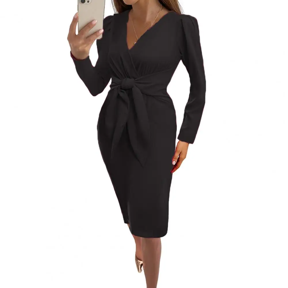 

Очаровательное женское платье с длинным рукавом, мягкое элегантное платье, платье на шнуровке с узлом на талии