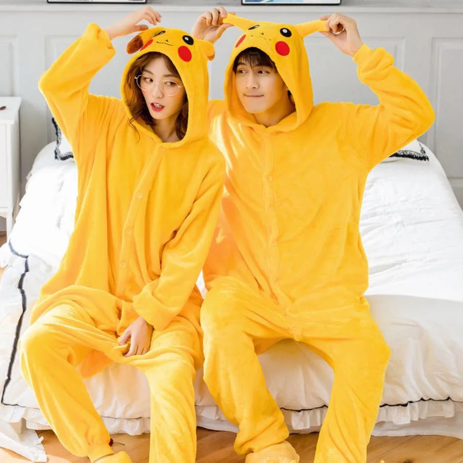 Adults Winter Fleece One-Piece Pajamas Sets Animal Kigurumi Pikachu Cartoon Onesies for Women Men Pyjama Anime Cosplay Costume