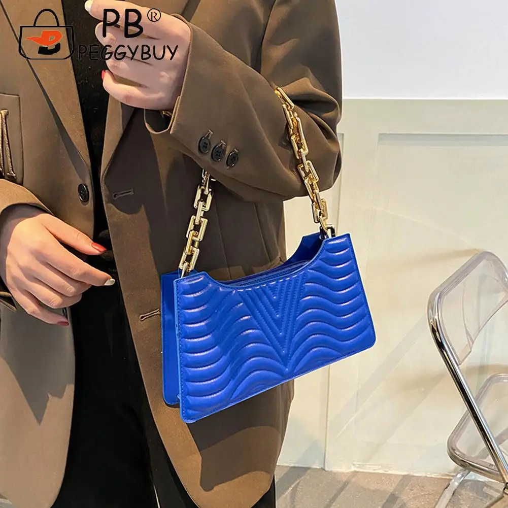 

Fashion Women Water Ripple Indentation Top-handle Bag Elegant Lady PU Leather Acrylic Thick Chain Small Messenger Handbags