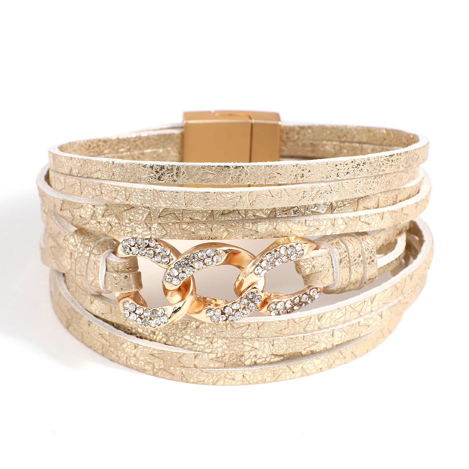 

Amorcome Boho Shiny Rhinestone Curb Chain Charm Multi Strand Stars Print Genuine Leather Wrap Bracelets Bohemian Women Jewelry