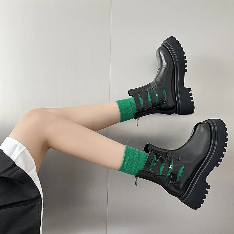 Design Platform Boots Sqaure Toe Chelsea Boots Slip on Leather Ankle Boots Casual Chunky Shoes Platform Boots Shoes for Women