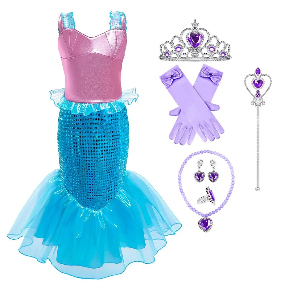 

Ariel Mermaid Princess Dress Little Girl Summer Clothes Children Carnival Strap Costume Birthday Sequin Cosplay Dress Up Girls