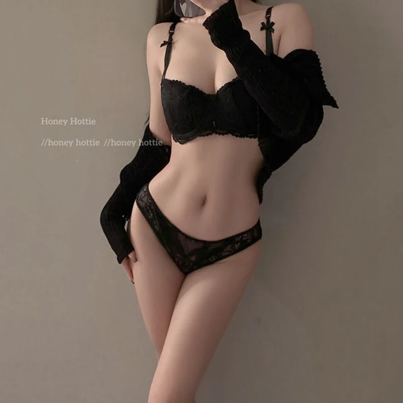French noble Lolita style girly sexy lace lingerie sets half cup small chest gathered cute underwear no steel ring white bra set