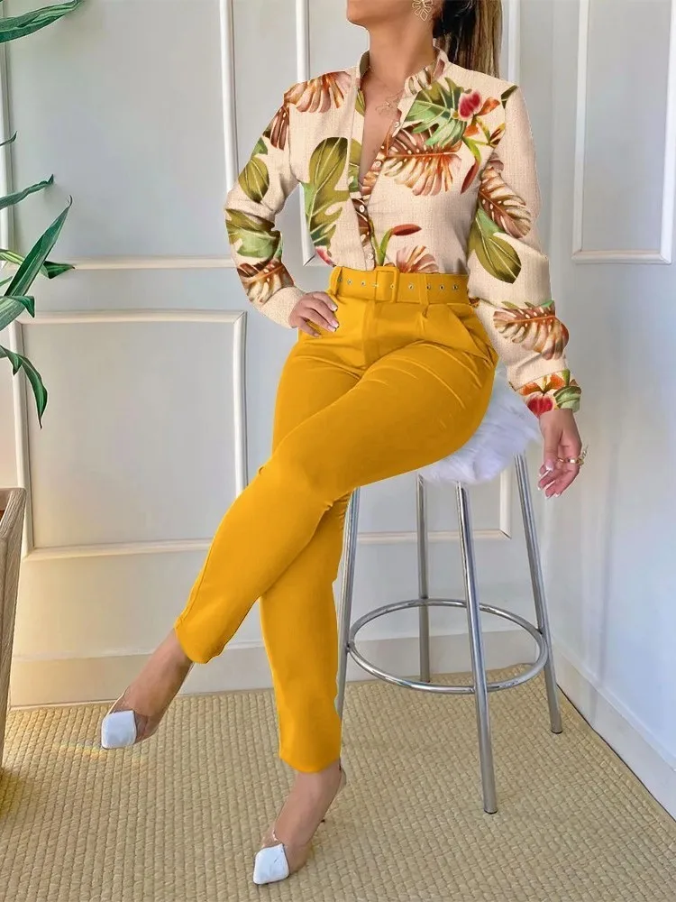 

Женский элегантный комплект из двух предметов, офисный комплект из двух предметов, винтажный топ на пуговицах с длинным рукавом и брюки для работы, с поясом, весна 2023