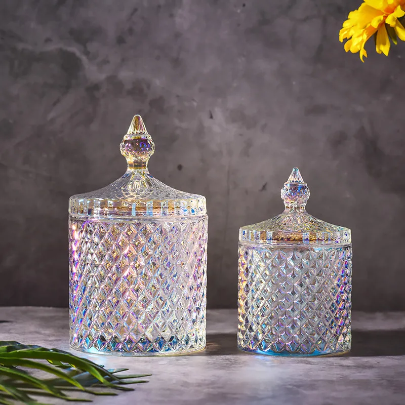

Armazenamento de vidro de cristal colorido europeu, latas de açúcar enlatadas, caixa de doces com diamante doméstico stash jar