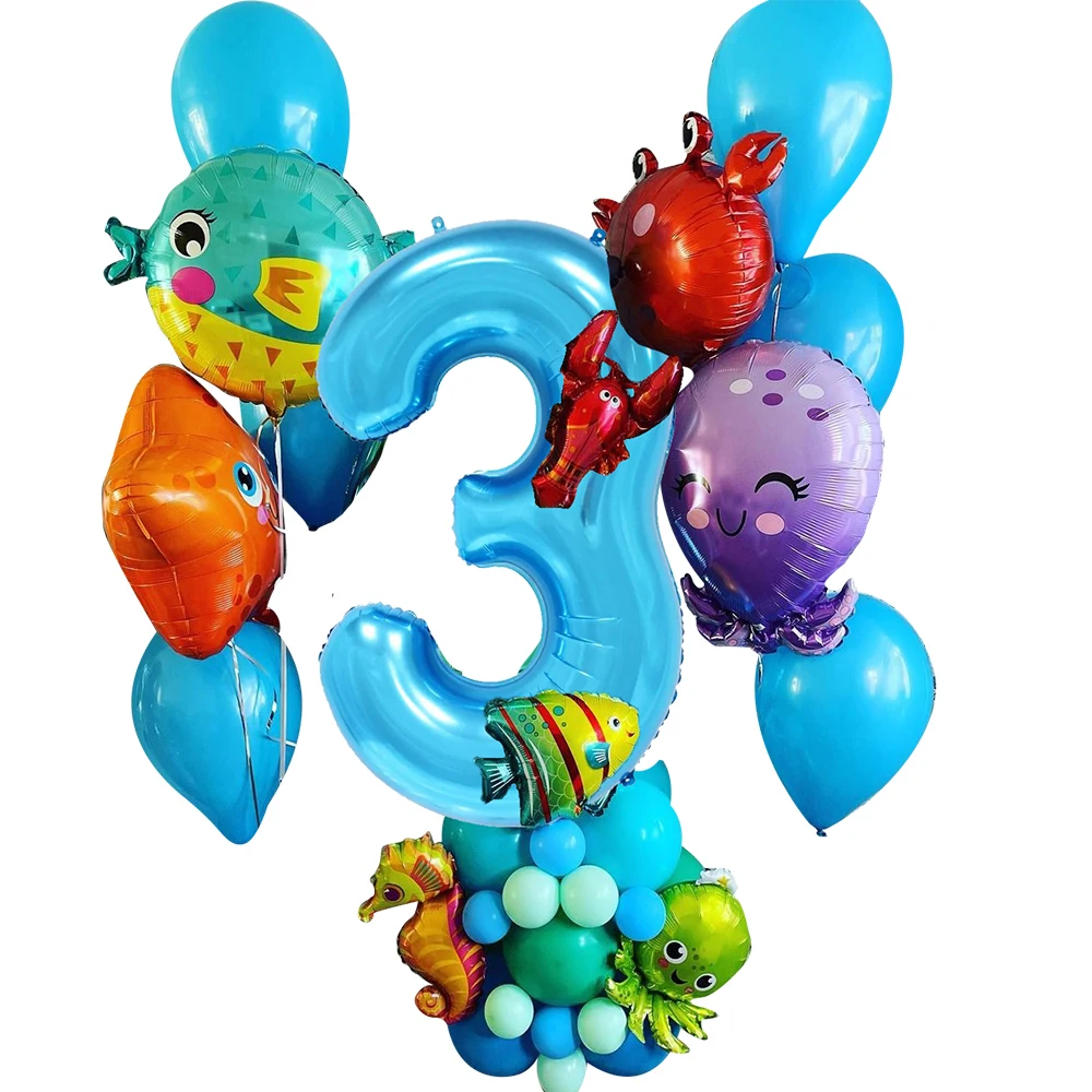 

39pcs Ocean Themed Number Balloon Tower Starfish Crab Fish Balloon For Kids Under The Sea Birthday Party Decoration Supply