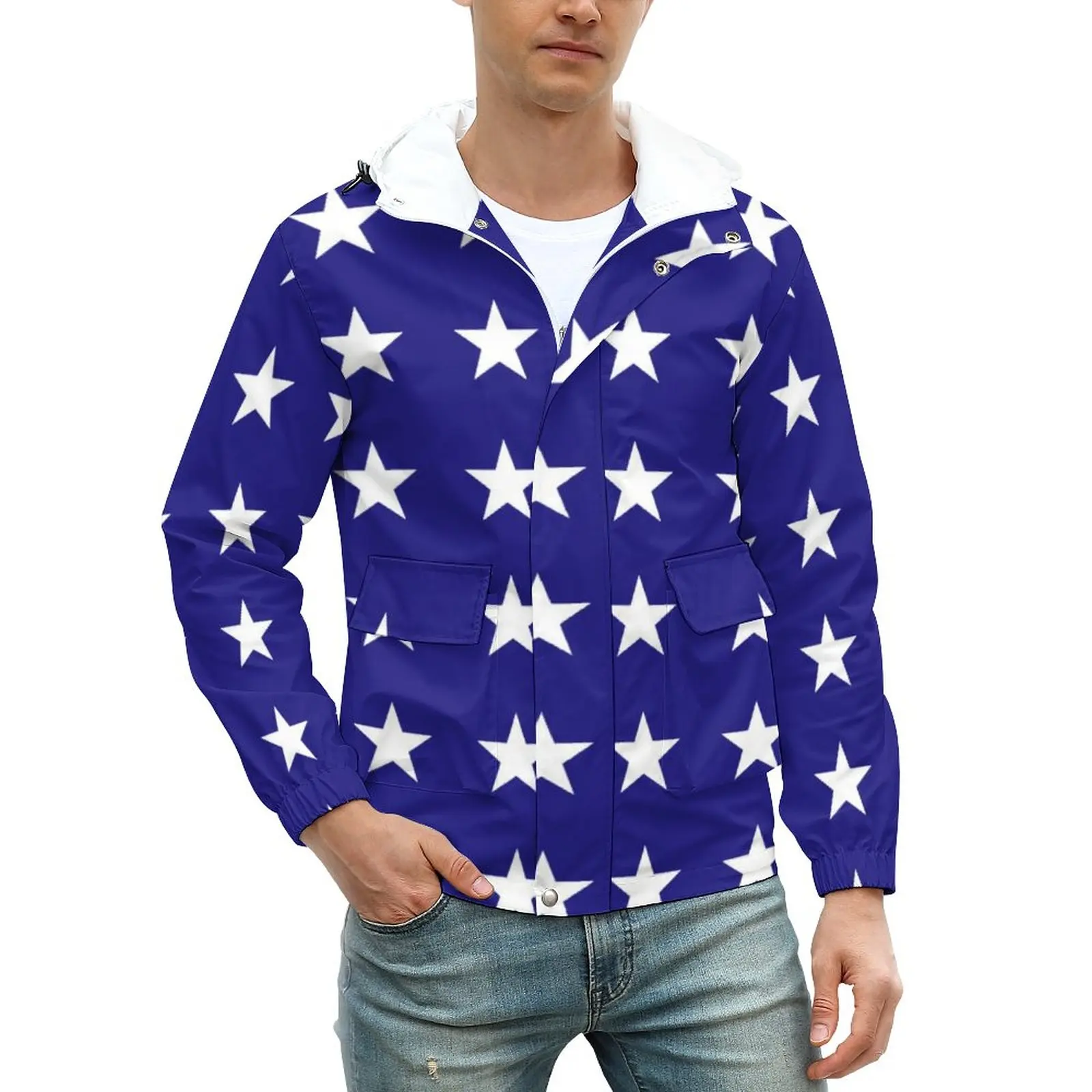 

Повседневные мужские куртки с белыми звездами, пальто с принтом флага США, осенняя крутая куртка с капюшоном, дизайнерская свободная ветров...