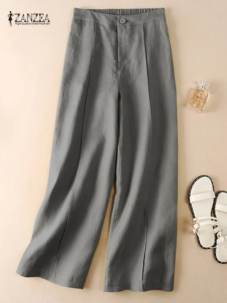 

Women Wide Leg Pants Summer Elastic Waist Solid Loose Long Trousers ZANZEA Oversize Cotton Palazzo Casual Work OL Pantalon